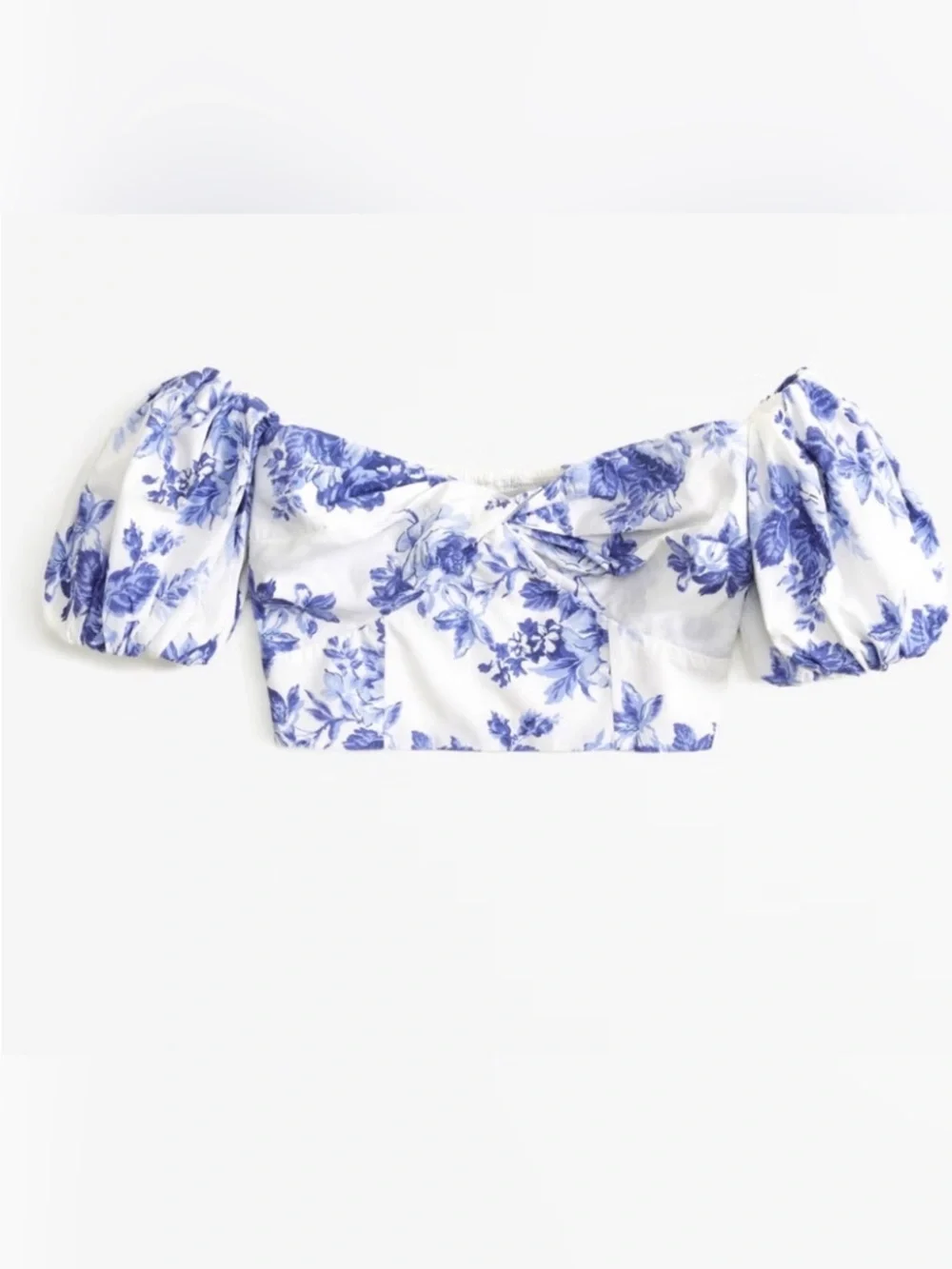 Abercrombie Blue Floral Puff Sleeve Sweetheart Crop Top XS NWT